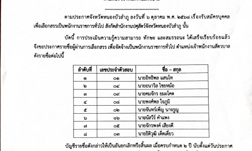 ประกาศรายชื่อผู้ผ่านการเลือกสรรเพื่อจ้างเป็นพนักงานราชการทั่วไป ตำแหน่ง เจ้าพนักงานสัตวบาล